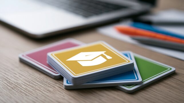 Crisp shadows cast over a minimalist online learning setup featuring a laptop and colorful flashcards focused on the graduation cap icon with blurred pens and notes perfect for