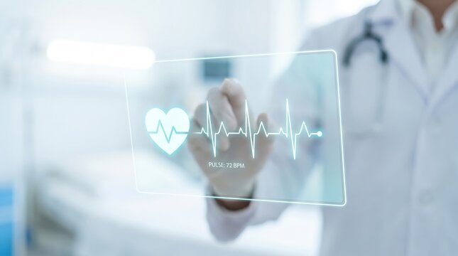 Digital Healthcare Innovation Concept: Minimalist Heart Hologram and EKG Wave in Modern Medical Ward