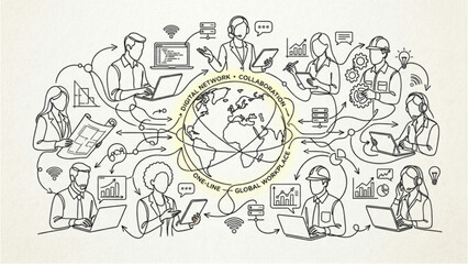 Obraz premium Global Workplace Collaboration Network – Continuous One Line Globe Illustration