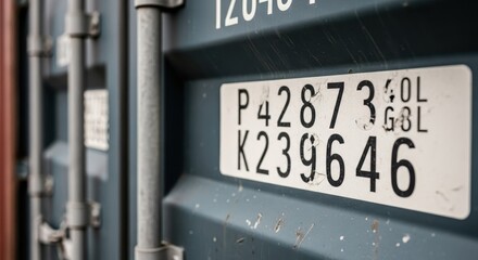Obraz premium Extreme close-up of a shipping container's identification plate with numerical and alphabetical markings