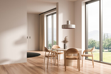Fototapeta premium Minimalist interior dining space with wooden chairs and table in clean modern style on bright lit background, concept of calm design 3D Rendering