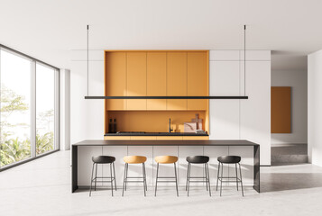 Minimalist kitchen interior with orange cabinets in modern rendering style on bright white background, concept of contemporary home, 3D Rendering © ImageFlow