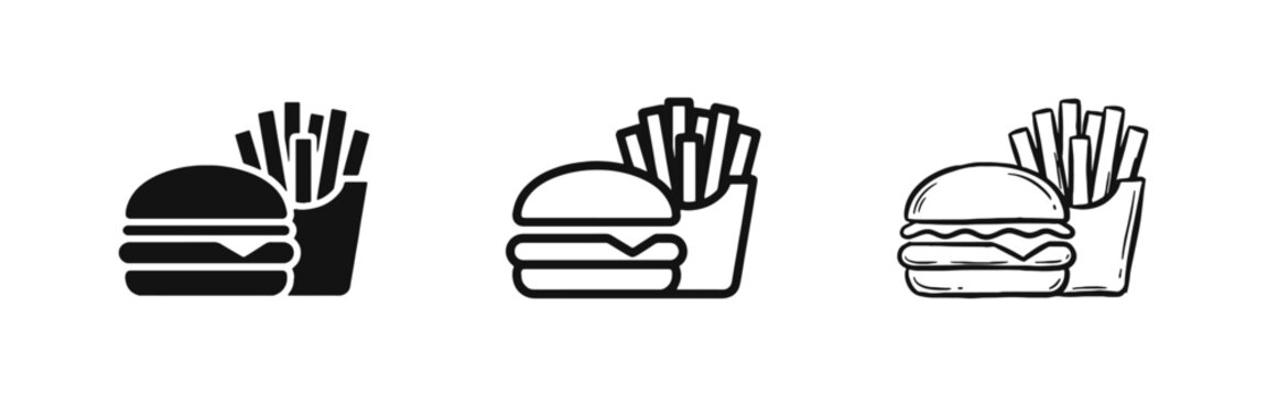 Fast Food Icon Set - Hamburger and French Fries Symbols for Restaurant and Junk Food
