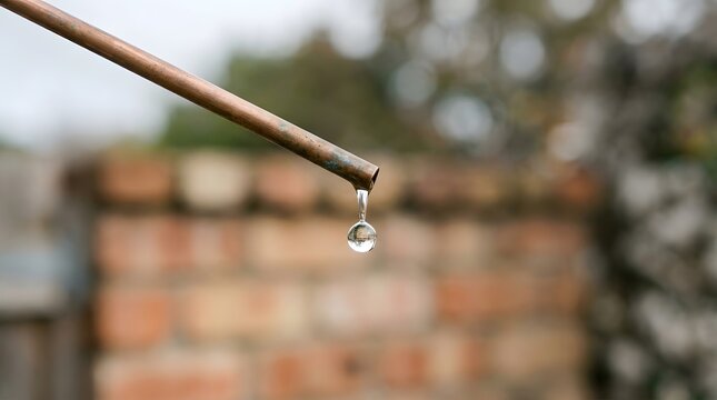 Water droplet dripping from copper pipe