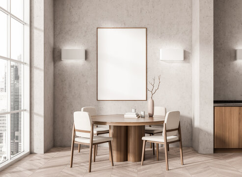Round table and chairs in modern interior with large blank poster mockup, minimal style on light wall background, concept of design display, 3D Rendering
