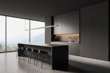 Modern kitchen interior design with sleek island and tall cabinets in minimal style on bright backdrop, concept of elegance, 3D Rendering © ImageFlow
