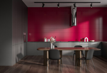 Contemporary kitchen interior with red tiled wall and minimalist furnishings in style on neutral background, concept of modern home, 3D Rendering © ImageFlow