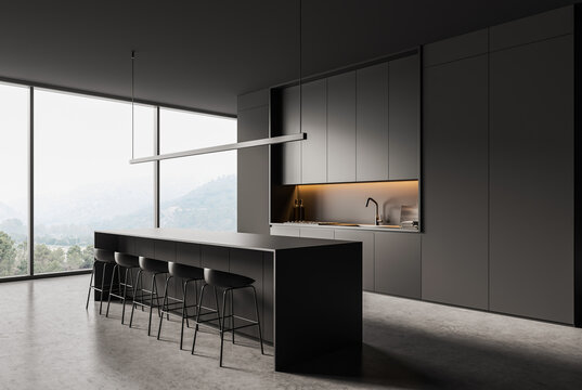 Modern kitchen interior design with sleek island and tall cabinets in minimal style on bright backdrop, concept of elegance, 3D Rendering
