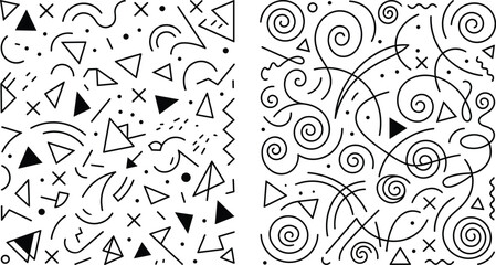 Obraz premium Set of abstract geometric doodle patterns with black triangles lines swirls and curly waves on white background
