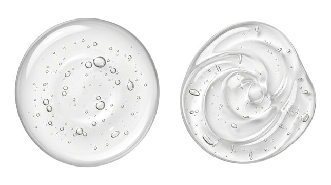Two clear transparent gel swatches with bubbles and swirl textures on a transparent background