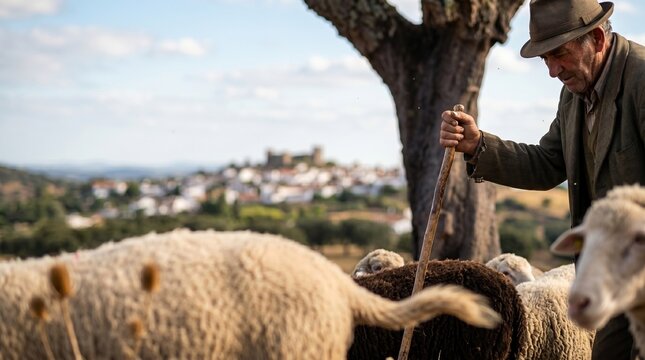 Pastor Idoso a Tomar Conta do Rebanho no Alentejo, Rodeado por Sobreiros, Pastagens e Paisagens Rurais T&iacute;picas do Sul de Portugal.