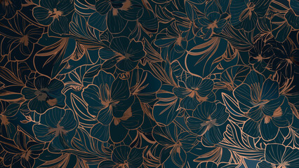 Floral ornament with overlapping blossoms in a dark teal and bronze color scheme flowers botanical illustration flower pattern design motif arrangement © Sarathi