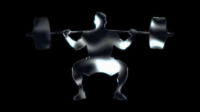 Silver metallic man lifting a barbell workout silhouette. Alpha channel. Seamless loop video.