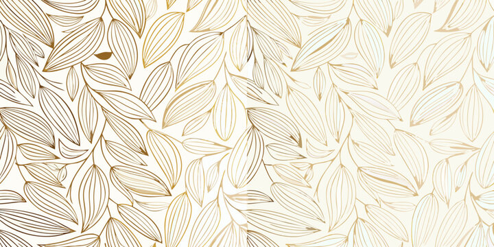 A seamless pattern of stylized elongated leaves in a golden linear vector illustration abstract aesthetic art autumn background beige botanical branch