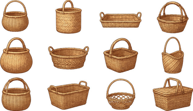Wicker basket collection set, empty woven bamboo hampers, picnic basket vector illustration isolated on black