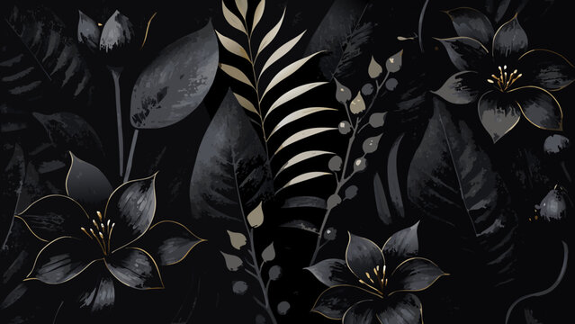 Floral ornament featuring dark leaves and blossoms with gold accents a detailed vector illustration botanical flowers foliage plant flora black graphic