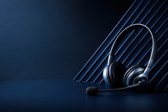 Customer support headset on dark blue background with abstract technology lines for helpdesk and communication
