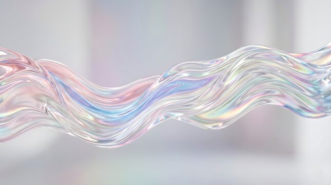 An abstract 3D image of water flowing horizontally with a shimmering glass effect and modern pastel colors, suitable for contemporary backdrops, showcasing the movement of water