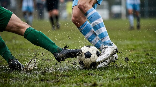Two soccer players in action fighting for ball control on wet grass pitch during heavy rain match day.