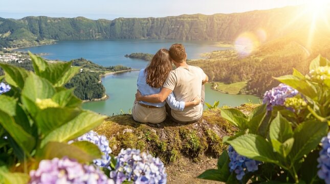 Momento rom&acirc;ntico de um casal nos A&ccedil;ores com panorama sobre a lagoa das Sete Cidades, flores e paisagens naturais de Portugal.