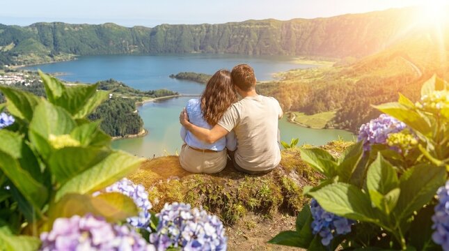 Momento rom&acirc;ntico de um casal nos A&ccedil;ores com panorama sobre a lagoa das Sete Cidades, flores e paisagens naturais de Portugal.