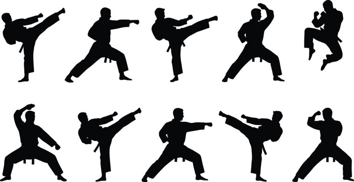Martial arts silhouettes, karate and taekwondo fighters set, kickboxing poses, training vector illustration