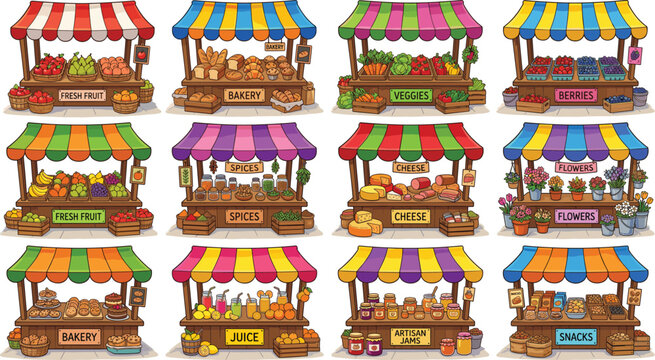 Cartoon market stalls vector set, street food kiosks with fruit bakery cheese flowers illustration collection