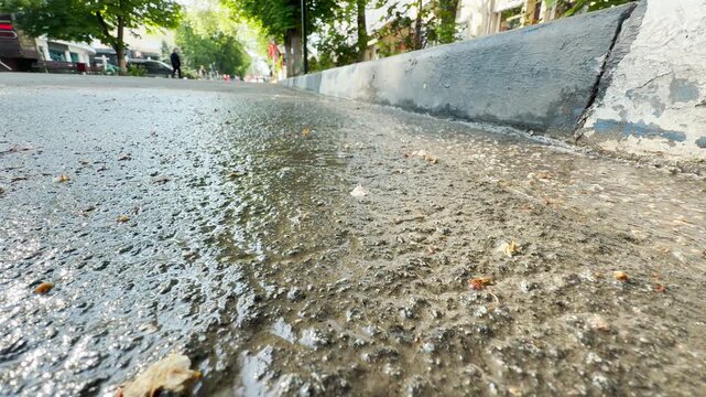 A wet asphalt street surface glistens under the bright morning sun next to a concrete curb. Small bits of debris rest on the damp ground as the ambient hum of the morning city echoes in the distance.