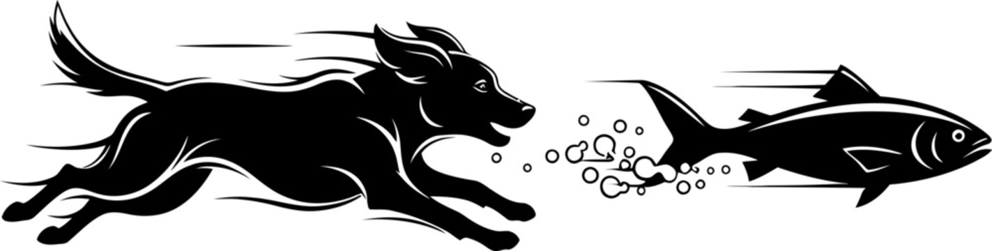 Black silhouette illustration of a dog chasing a fish in motion.