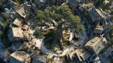 Fototapeta premium An aerial view of a circular village, houses surrounding a massive, ancient tree in a sandy center clearing