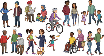 Fototapeta premium Diverse cartoon people vector set, inclusive community characters walking cycling reading wheelchair illustration collection
