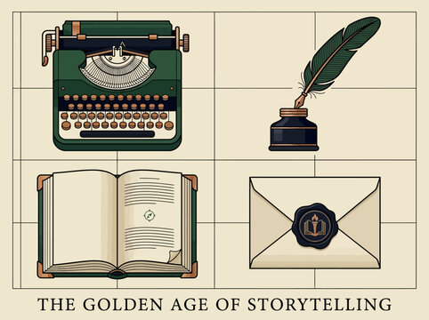 Vintage Writing and Literature Illustration Set featuring Typewriter, Quill Pen, Open Book, and Wax Sealed Letter with The Golden Age of Storytelling Text