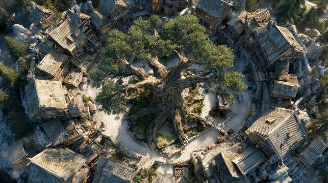 An aerial view of a circular village, houses surrounding a massive, ancient tree in a sandy center clearing