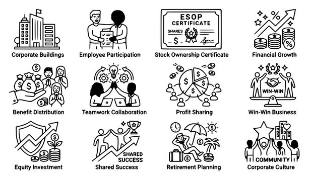 ESOP corporate employee stock ownership outline icon pack equity profit sharing business vector set