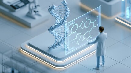 Naklejka na ściany i meble Isometric view focused on a molecular helix graphic beside a researcher avatar manipulating virtual drug compounds set in a sterile lab with polished commercial style and high