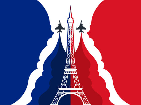 Bastille Day Celebration Illustration Featuring Eiffel Tower and Military Jets with Blue, White, and Red Smoke Trails of the French Flag