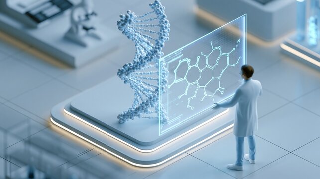 Isometric view focused on a molecular helix graphic beside a researcher avatar manipulating virtual drug compounds set in a sterile lab with polished commercial style and high