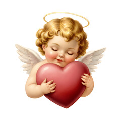 Obraz premium Adorable baby angel or cherub holding a pink heart illustration on a white background. Cute cupid with golden halo and wings, eyes closed in contentment