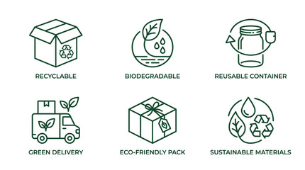 Fototapeta premium Collection of eco-friendly packaging and sustainable delivery icons representing environmental responsibility and green logistics solutions for modern businesses