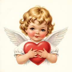 Obraz premium Cute blonde child angel holding red heart. Vintage style illustration of angelic baby for Valentine day greeting card. Symbol of love, innocence and religious celebration of holidays.