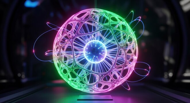 Illustration conceptuelle futuriste d'une sph&egrave;re lumineuse abstraite parcourue de lignes d'&eacute;nergie