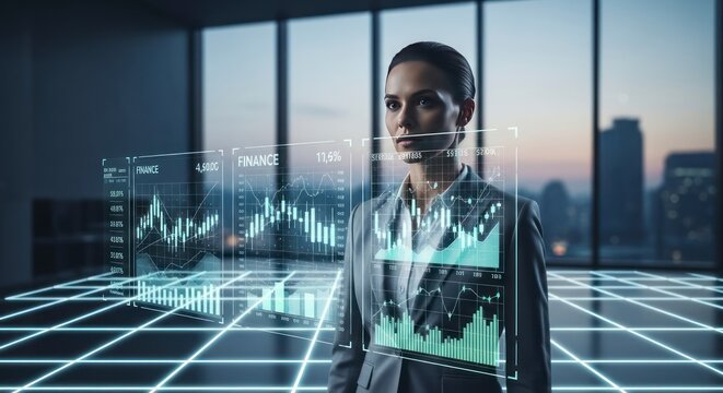 Une femme d'affaires analyse des projections de donn&eacute;es avec une interface futuriste et une silhouette urbaine.
