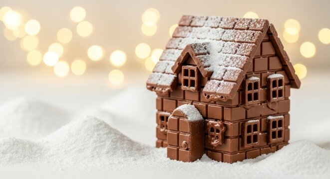 Maison en pain d'&eacute;pices au chocolat d&eacute;cor&eacute;e de neige pour les f&ecirc;tes de fin d'ann&eacute;e