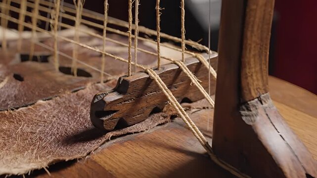 Closeup of an ancient stringed instruments bridge and strings.