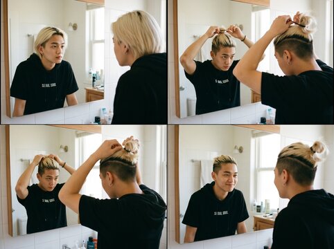 A 20 years old korean boy gathers his hair into a manbun.