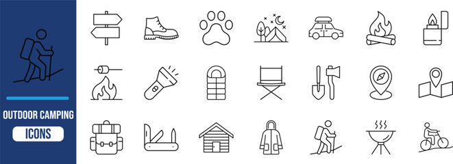 Outdoor camping and adventure line icons. campfire icon set, tent icon set, backpack icon set © Ayub