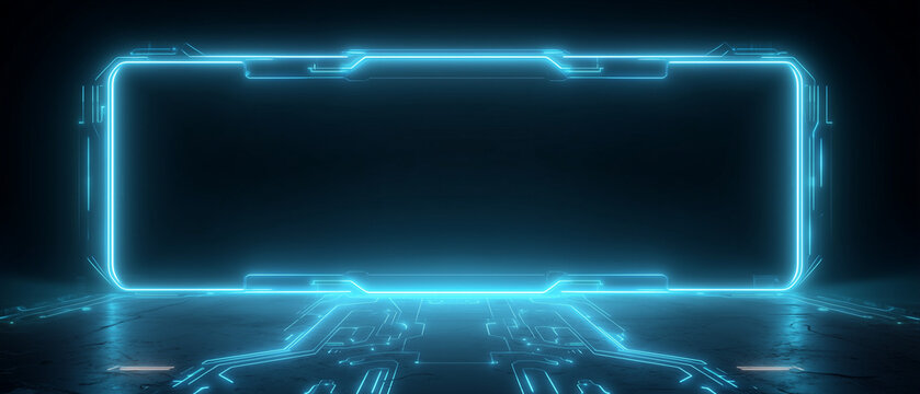 Glowing futuristic portal with neon blue cyber lights and digital floor lines. Sci-fi technology background perfect for gaming intros, virtual worlds and futuristic presentations.