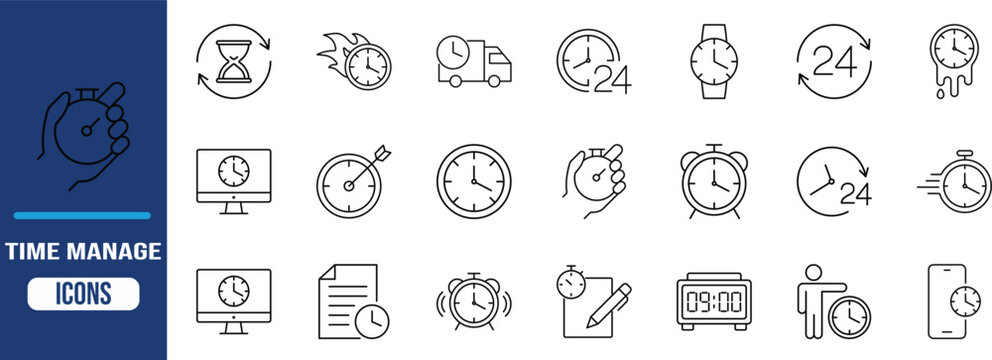 Time management clock outline icons. clock icon set, stopwatch icon set, alarm clock icon set