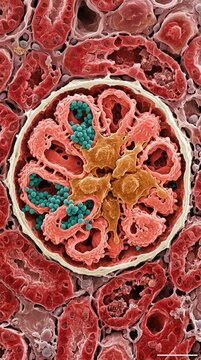 Kidney glomerulus showing hantavirus infection, demonstrating renal corpuscle structure, affected podocyte cells, Hemorrhagic fever with renal syndrome, HFRS pathogenesis, medical visualization.