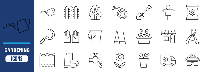 Gardening farming horticulture outline vector icons. shovel icon set, tree icon set, flower icon set © Ayub